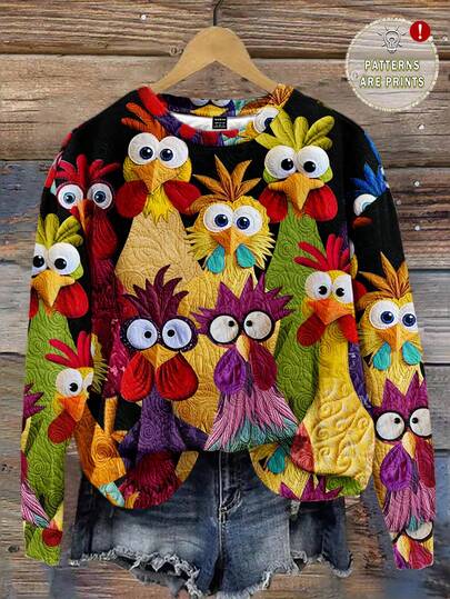 Mellowie Casual Minimalist Chicken Print Pattern Round Neck Loose Fit Women Sweatshirt, Autumn/Winter
