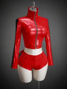SHEIN ICON Women's Halloween COS Contrast Color Cropped Jacket And Shorts Set, Christmas - Red - View 10