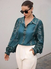 Aveloria Modichic Elegant Random Chiffon Contrast Color Floral Print Layered Frill Cuff Long Sleeve Blouse - Green - View 3