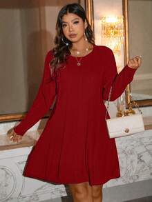 SHEIN LUNE 大码优雅纯色针织中长连衣裙，适合通勤，秋冬季 - 紅色 - 查看 4