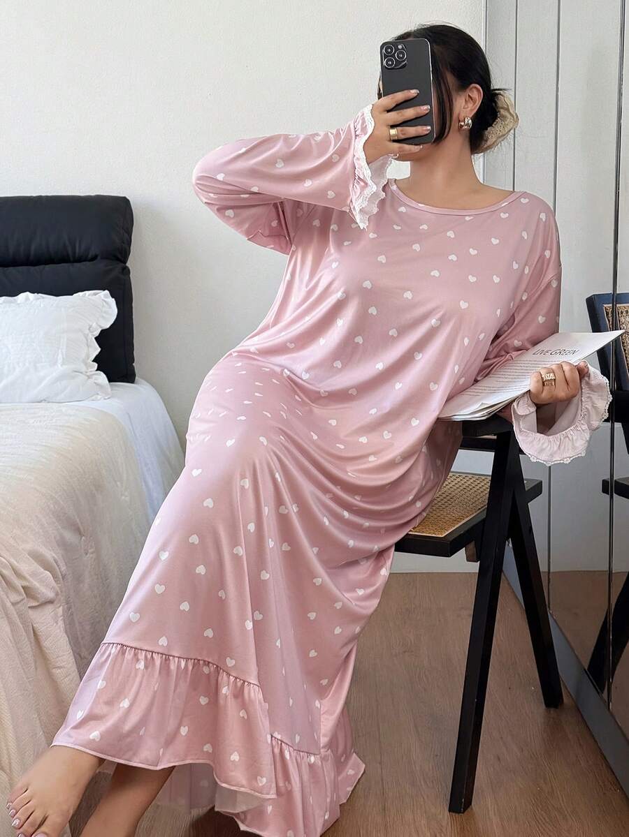SHEIN Plus Size Heart Print Ruffle Hem Long Nightgown, For Fall & Winter, Moo Moo Night Dress - Pink - View 1