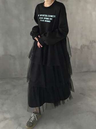 FRIFUL Women's Slogan Print Round Neck Long Sleeve Patchwork Multi-Layer Mesh Ruffle Hem Casual Dress