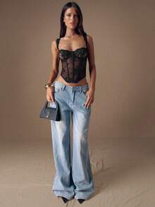 SHEIN BAE Sexy Lace Criss-Cross Bandeau Crop Top, Summer,Wrap Top,Valentine's Day,Valentine Outfits For Women - Black - View 3