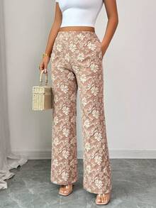 Elenzga Women's Elegant Commuter Jacquard Wide Leg Pants