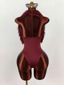Y2K Amplova Wine Red Furry Halter Neck Sexy Bodysuit For Party Burgundy Burgundy Bodysuit Red Bodysuit Faux Fur Women Bodysuit - Burgundy - View 3