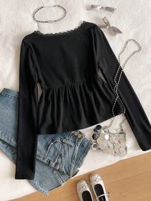 Tonårsflicka Avslappnad söt t-shirt med volangkrage och puffärm, lämplig för kvinnliga studenter till vardagsbruk - Svart - Visa 2