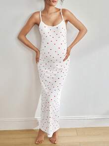 Moonlight&Mama Váy maxi cho con bú họa tiết gân tối giản thoải mái, đồ ngủ cho bà bầu, thời trang thu sang trọng - Đỏ và trắng - Xem 2