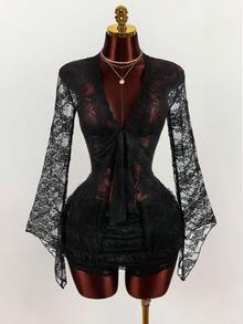 Amplova Women's Lace Long Sleeve Two Pieces Set, Sexy & Avant-Garde Sheer Lace Long Sleeve Coverup With Multi-Layer Cake Skirt, Super Short And Ultra Low Waist Mini Skirt Black See Through Two Pieces Set - Black - View 3