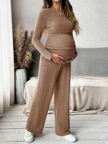 MaterniWear 圆领长袖针织T恤和可调节腰围直筒裤，女式直筒裤，秋季套装，宽松套装，适合婴儿洗礼礼物 - 咖啡棕 - 查看 3