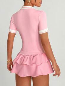 Sovereign Charm Women's Sporty Dress With Contrast Stripes, Ribbed Collar, Button Front, Short Sleeves, Ruched Bust, Double-Layer Ruffle Hem, Built-In Shorts With Pockets, Suitable For Casual Wear, Running, Yoga, Gym, Tennis, Golf, Spring/Autumn/Winter - Pink - View 5