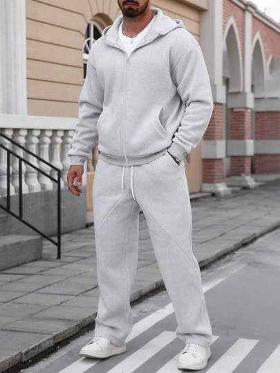 Manfinity Homme Men's Standard Size Hooded Zipper Pocket Long Sleeve Hooded Fleece Sweatshirt + Elastic Waist Drawstring Straight Leg Pants Set, Casual For Vacation, Party, Daily Dates, Home, Office, Simple Versatile Style, Suitable For Self-Wear Or Gift To Friends Grey Sweatsuits Outfit Men Sweatsuits Outfit Men Street Wear Sets, For Winter