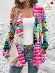SHEIN LUNE Cárdigan de mujer casual y acogedor para uso diario y de commute, con estampado de Papá Noel y textura de piel sintética en rosa, verde y azul, de corte holgado y de manga larga con bolsillos, cómodo para otoño/invierno