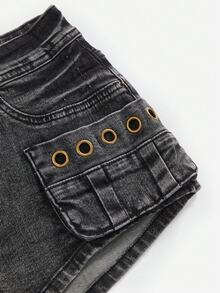 ROMWE J-Fashion Super Low Waist Distressed Studded Denim Shorts For Women, Vintage Streetwear Style