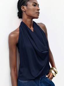 Maija 时尚性感纯色深V领露背吊带上衣 - 藏蓝色 - 查看 5