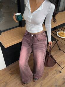 Siren Gaze Women's Casual Mid-Waist Versatile Loose Straight Leg Jeans With Pockets Burgundy Christmas Red - Burgundy - View 5