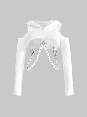 Grunge Punk sweat-shirt à capuche court pour femmes avec patchwork de chaîne à œillets