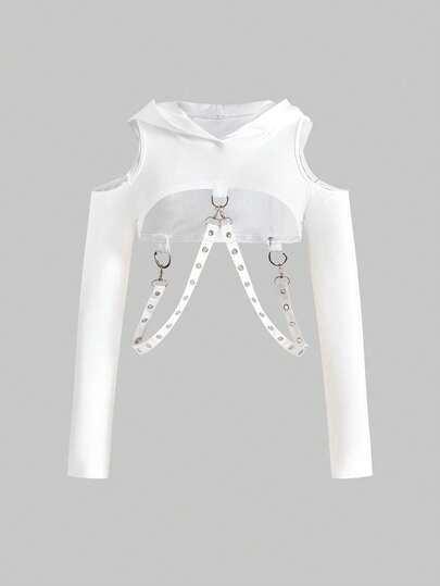 Grunge Punk sweat-shirt à capuche court pour femmes avec patchwork de chaîne à œillets