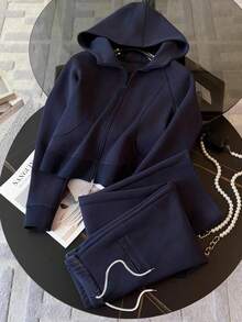 Airaco 女款修身连帽外套和宽松阔腿裤两件套 - 藏蓝色 - 查看 3