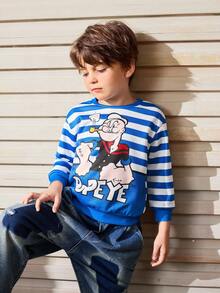 Popeye X SHEIN Kleine Jungen Retro Cartoon Figur Grafik blau & weiß gestreifter Loose Fit Oversized Crew Neck Sweatshirt, Herbst/Winter
