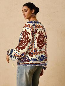 Travachic قميص نسائي كبير الحجم بأكمام طويلة مطبوع بنمط نباتات استوائية، بياقة على شكل حرف V وسحاب تعليق - متعدد الألوان - مشاهدة 2