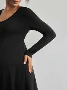 BloomMama Maternity Solid Color Long Sleeve Dress Loungewear, Winter - Black - View 6