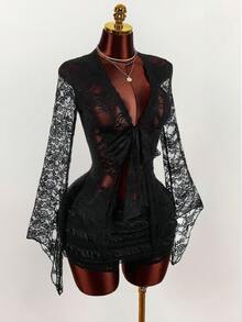 Amplova Women's Lace Long Sleeve Two Pieces Set, Sexy & Avant-Garde Sheer Lace Long Sleeve Coverup With Multi-Layer Cake Skirt, Super Short And Ultra Low Waist Mini Skirt Black See Through Two Pieces Set - Black - View 7