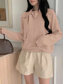 DAZY Áo len thắt nơ trơn màu đơn giản mới về cho nữ, mùa thu - Màu Hồng baby - Xem 3