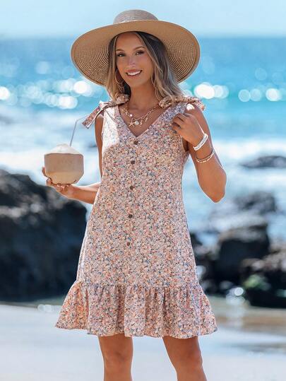 Sylviya 女士休闲碎花V领系带短裙 夏季连衣裙 女士夏季服装 夏季服装 女士连衣裙 夏季连衣裙 度假连衣裙 度假服装 波西米亚风女装 可爱夏季上衣 夏季连衣裙 女士夏季连衣裙 优雅商务休闲女装 波西米亚风度假连衣裙 碎花连衣裙 女士休闲连衣裙，度假