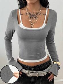 Coolane Women's Fall Winter Y2K Concert Rave Going Out Grey Slim Fit Fake Long Sleeve Top - Grey - View 2