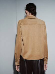 SHEIN LUNE Women's Fashion Corduroy Patchwork Leather Pocket Shirt - Khaki - View 2