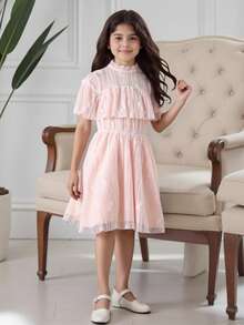 Vestido elegante de manga corta con cuello con volantes y encaje para niña preadolescente