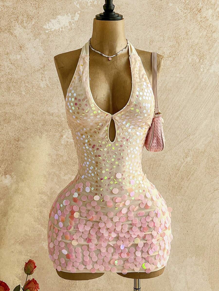 Soleia Frühlings-/Sommer-Neuheit, lässiges Urlaubsoutfit, Hochzeitsgast-Garderobe, Abschlussfeier-Brunch Damenkleid, elegantes, bohemisches, tropisches Neckholder-Rückenfreies Pailletten-Glitzer-Party-Valentinstag-Minikleid