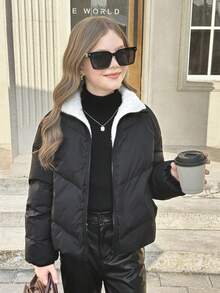 SHEIN معطف مبطن بياقة عالية مريح وعصري للفتيات المراهقات، بطول محصور وقصير، سهل الارتداء، مزود بسحاب، بتصميم بسيط وكاجوال للاستخدام اليومي، مُسمك للشتاء - الأسود - مشاهدة 6