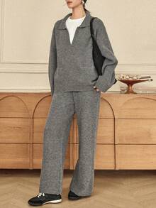 Dazy-Less 女士宽松商务休闲优雅针织毛衣连帽衫和直筒运动裤两件套，适合秋季、冬季、新年、圣诞节 - 灰色 - 查看 4