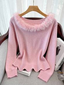 GlowEve CURVE Plus Size Casual Solid Color Long Sleeve Knit Sweater Top - Pink - View 3