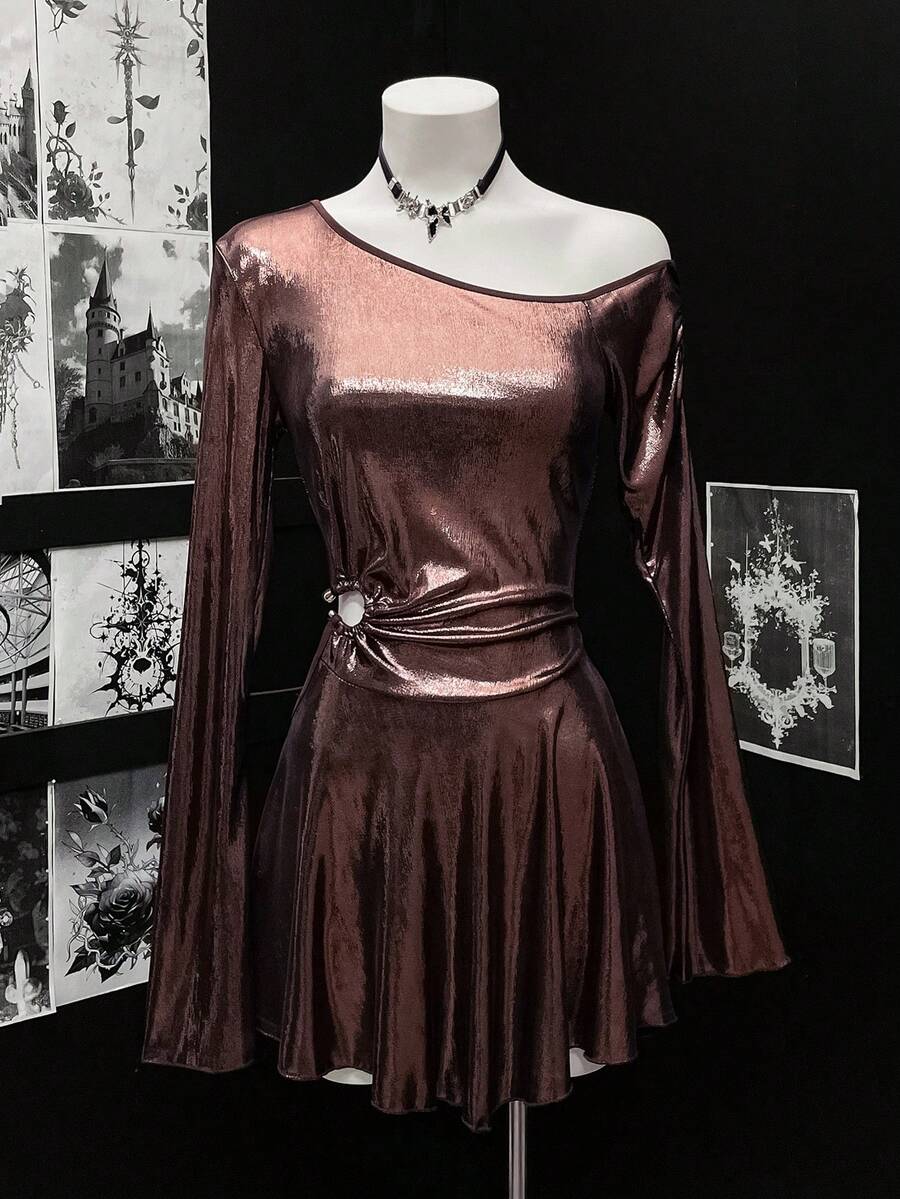 SHEIN Unity Vestido de mujer de manga larga, un hombro, cintura hueca con decoración de metal, tela brillante y texturizada, adecuado para fiestas y citas - Negro - Ver 1