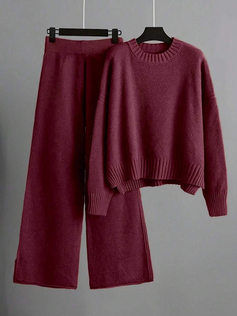 SHEIN LUNE 2件套纯色针织毛衣和裤子套装,休闲百搭,适合秋冬 - 酒紅色 - 查看 1
