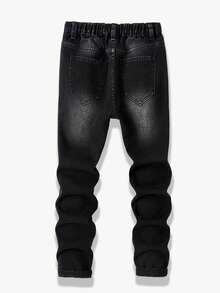 Calça jeans rasgada para meninos pré-adolescentes, jeans preto, estilo casual de rua, mistura de algodão confortável, adequada para uso diário, escola, passeios, temporada de volta às aulas, novidade - Preto - Ver 2
