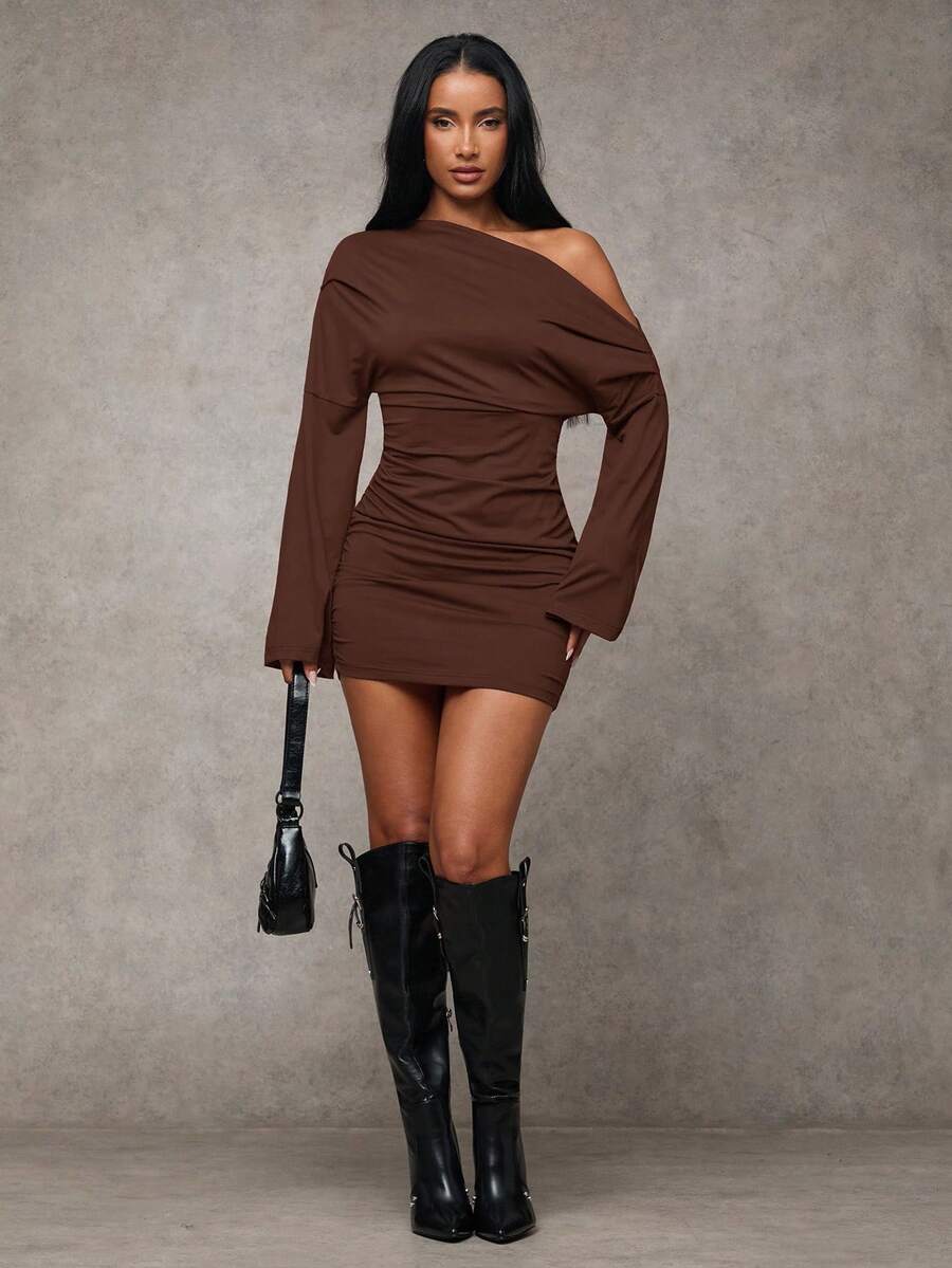 SHEIN BAE Damen Einfarbiges Minikleid mit Fledermausärmeln und Raffung, modisch