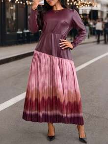 EMERY ROSE Plus Size Solid Color Ombre Patchwork Round Neck Long Sleeve Dress - Red - View 5