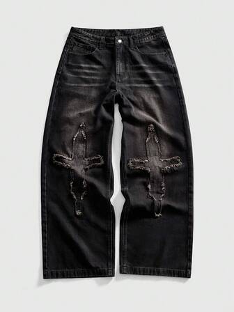 Street Life Jeans negros de pierna ancha para hombres con parche bordado