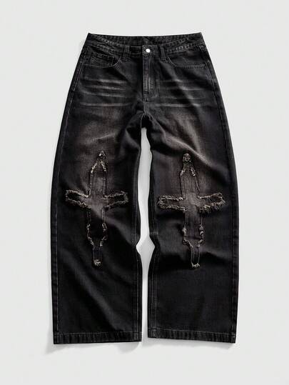Street Life Jeans neri a gamba ampia da uomo con toppe ricamata