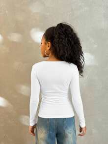 Coolane Camiseta ajustada con mangas raglán, cuello en U, cintura fruncida y elástica, de moda para niñas preadolescentes en otoño - Blanco - Ver 2