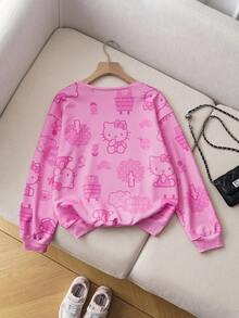 HELLO KITTY AND FRIENDS | SHEIN 青少年女孩字母和卡通图案圆领长袖运动衫 - 粉色 - 查看 2