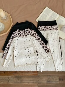 Babygirl 休闲可爱波尔卡圆点豹纹长袖T恤套装 - 彩色 - 查看 2