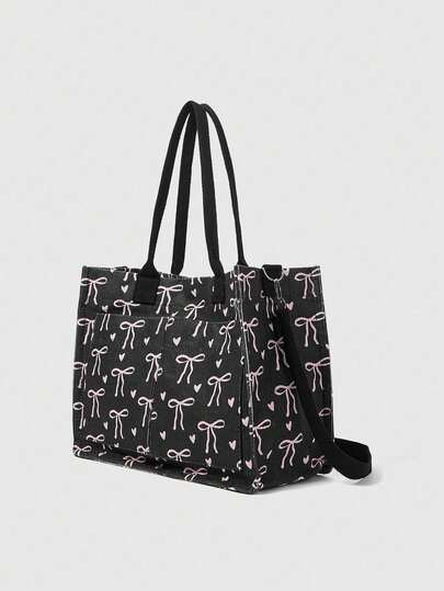 Kawaii Women's Spacious Black Corduroy Tote Bag – Bow & Floral Print Convertible Handbag For Crossbody/Shoulder Use, Tote Bags For Women, College Essentials