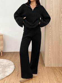 SHEIN EZwear 女士休闲黑色拉链落肩毛衣和针织裤毛衣两件套套装，秋冬，秋季 - 黑色 - 查看 4