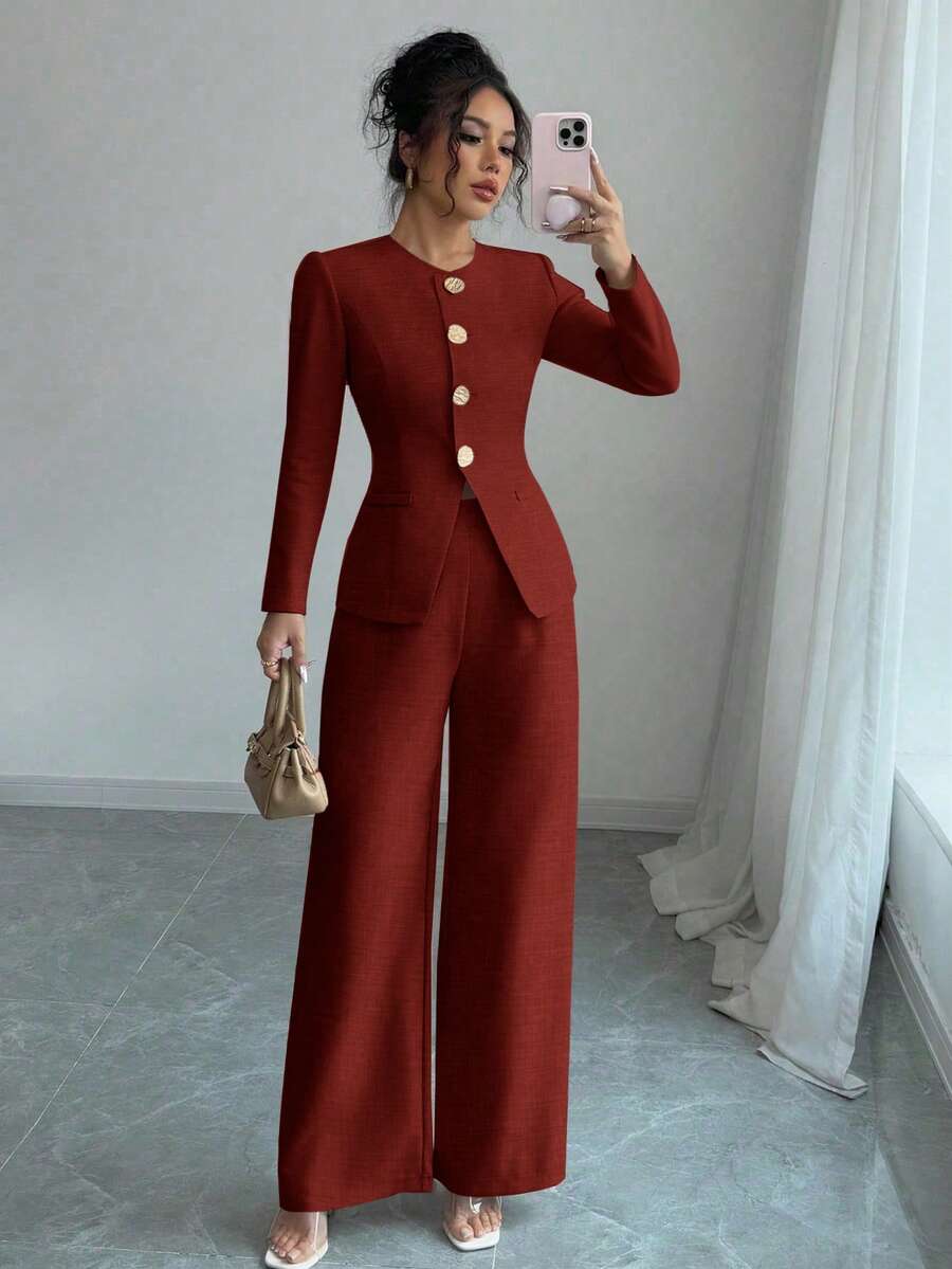Rafferiza 女士优雅通勤两件套长袖 - 紅色 - 查看 1