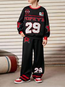 Popeye X SHEIN Set de sudadera de cuello redondo de manga larga con bloqueo de color, estampado de letras y estrellas, y pantalones para niño preadolescente informal, 2 piezas - Negro - Ver 7