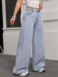 SHEIN PETITE 女士休闲日常水洗斜插口袋宽松阔腿牛仔裤 - 藍色 - 查看 4